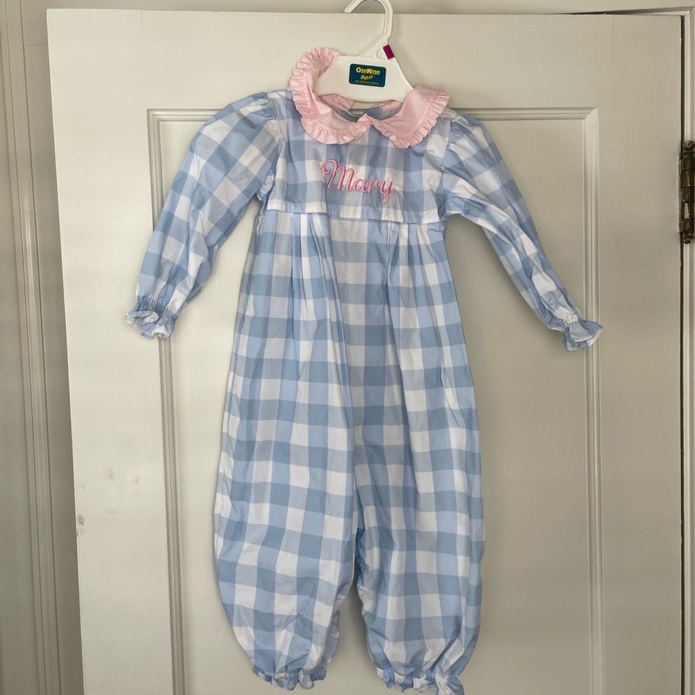 Checkered blue and white long bubble with pink collar and “Mary” embroidered